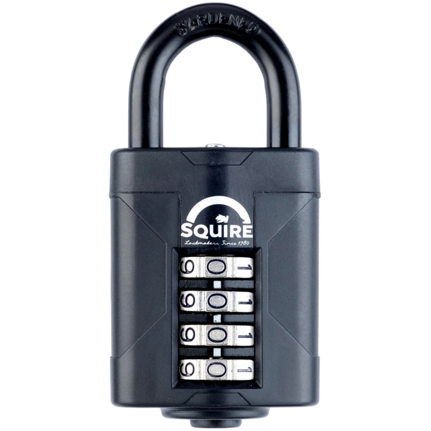 Squire Heavy Duty Padlock (CP50BLACK) - Toughest Steel Shackle - 4 Wheel 50mm Wide Combination Padlock (Black) - Alloy Steel for Corrosion Resistance