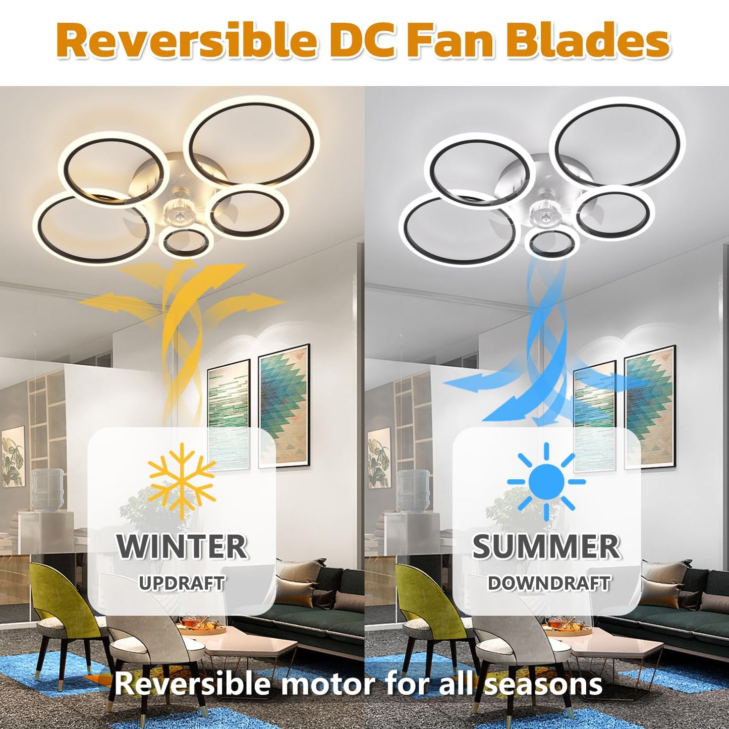 ycwdcz Black Modern Ceiling Fan Silent Circle Ceiling Fans with Lights and Remote DC Motor Reversible Summer Winter Mode for Bedroom Living Room
