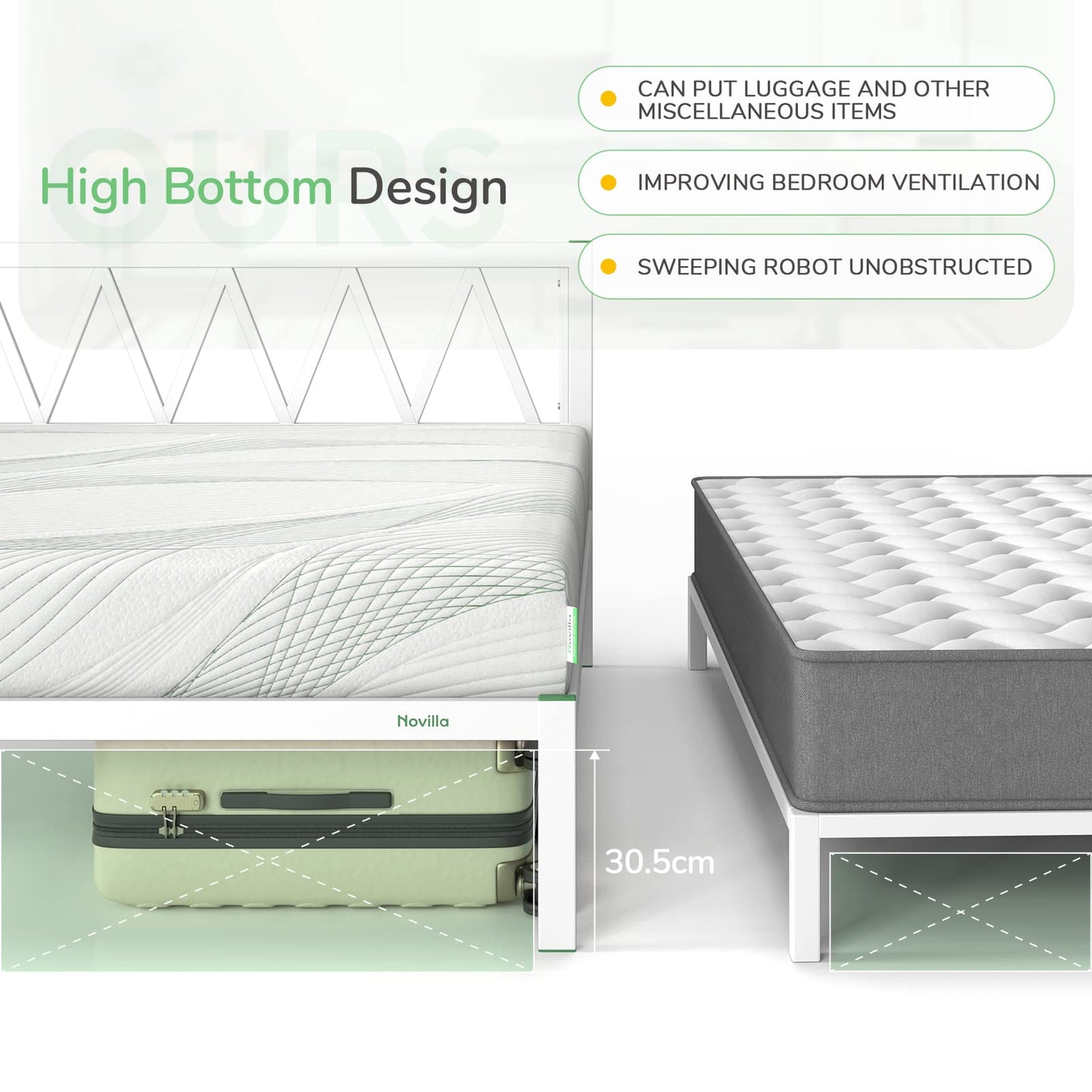 Novilla 30.5cm Metal Double Bed Frame, 4FT Platform Bed Frame with Headboard, Engineered Wood Slat Support, Solid Support Leg, Underbed Storage Space