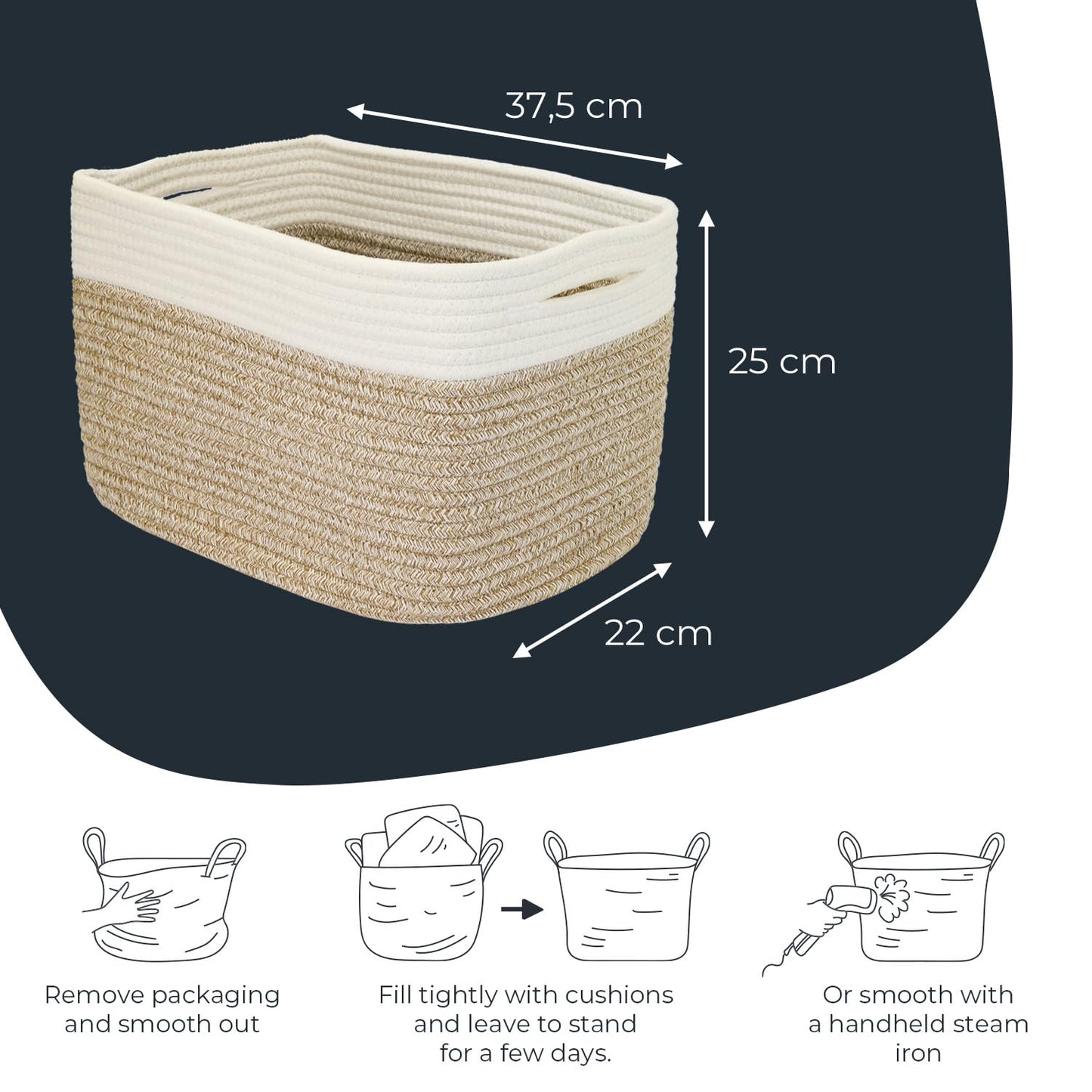 HMF Storage Basket with Hidden Handles, Set of 3, Cotton Basket, 37.5 x 25 x 22.5 cm, White/Brown