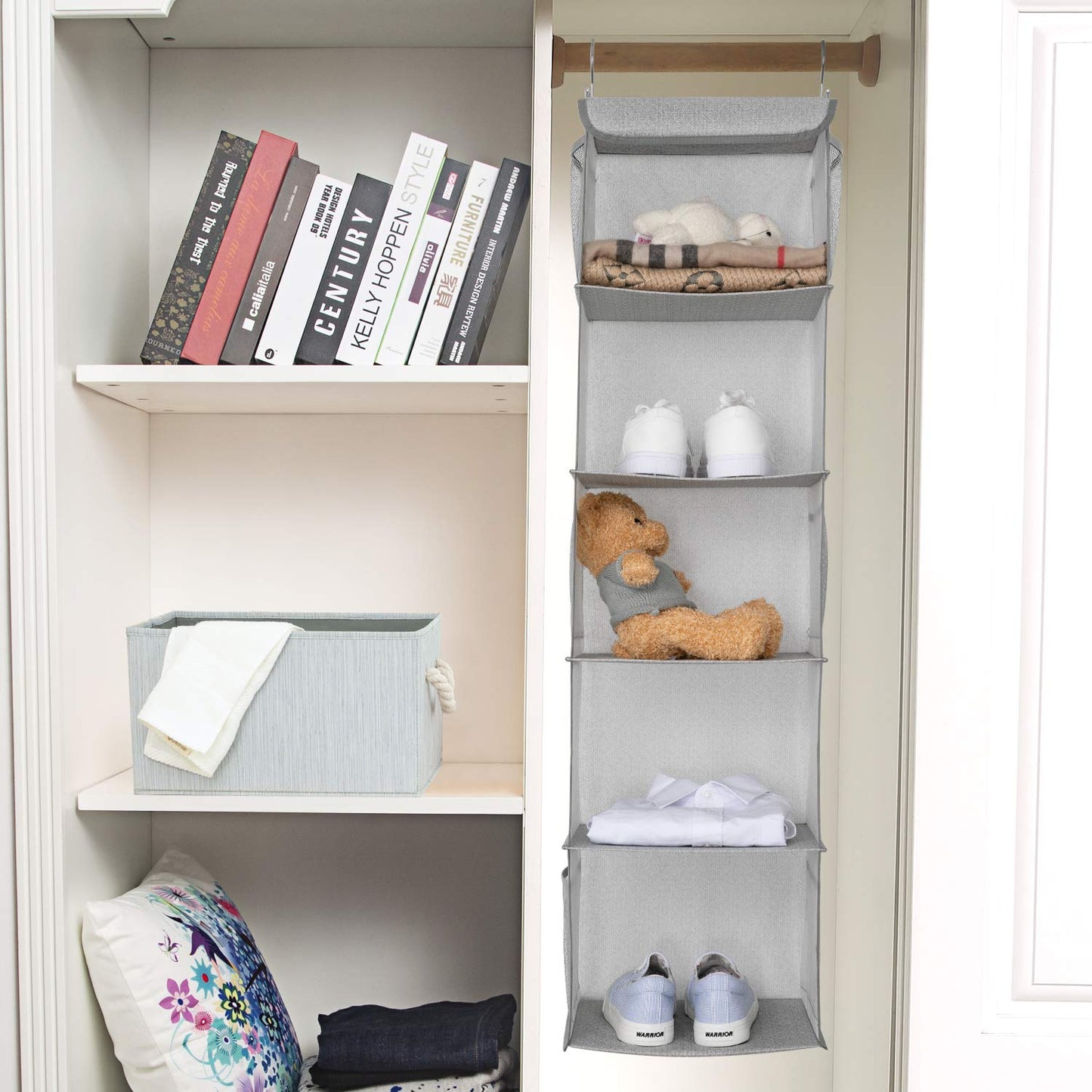 BrilliantJo Hanging Wardrobe Closet Storage with 5 Shelves Organiser, Storage Shelves Unit with 6 Pockets for Clothes - Light Grey(30 x 30 x 108cm)