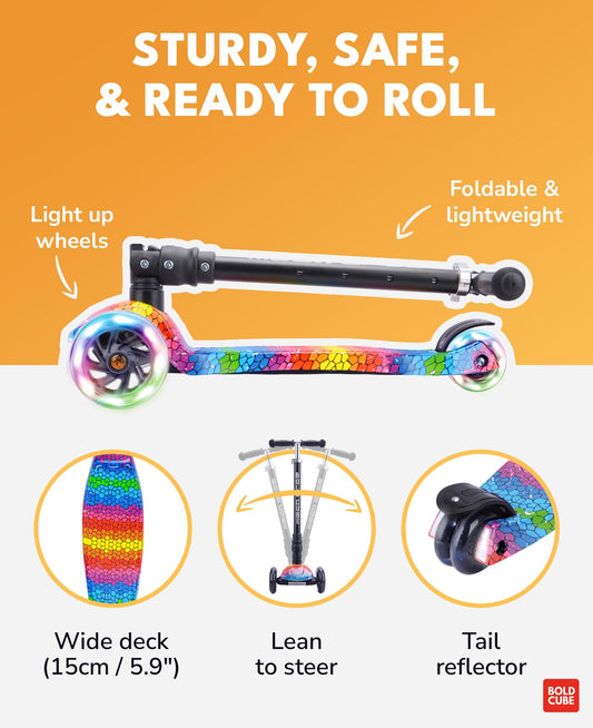 BOLDCUBE Big Fold Crystal Rubix | Three Wheel Scooter for Children Ages 5-10 Years | LED Wheels with Flashing Lights | Height Adjustable 65 to 89 cm |