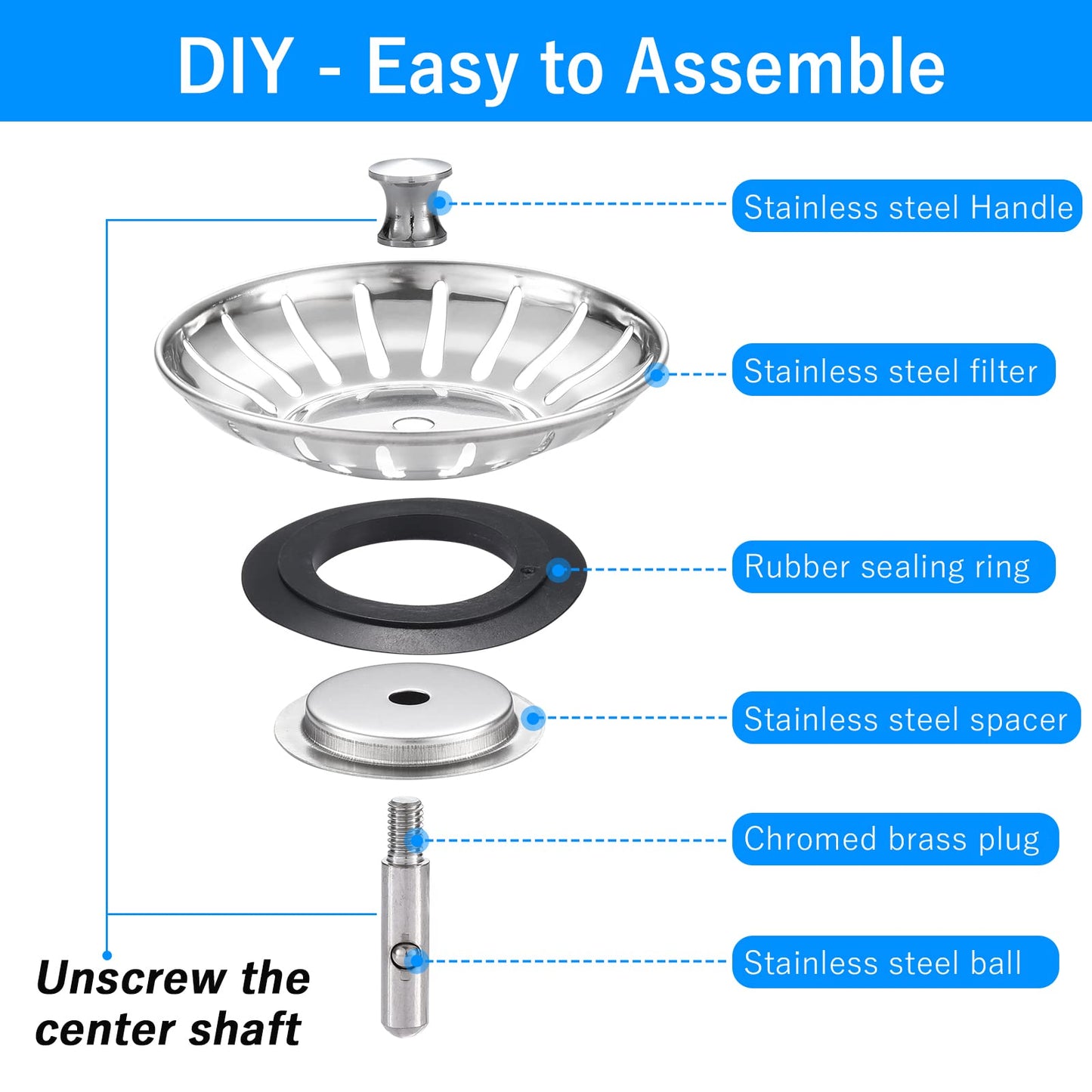 78mm Kitchen Sink Bowl Strainer and Plug, Stainless Steel Sink Plug for Kitchen Bowl Use, Kitchen Bathroom Food Hair Catcher Filter Stopper