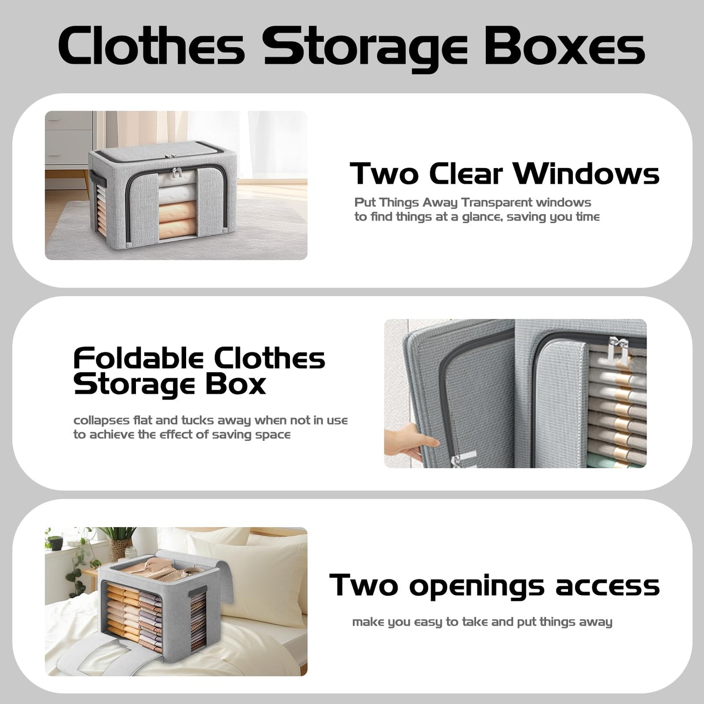 BOUDOI Clothes Storage Boxs With Lid,Large Storage Box With Double opening Zips Clear Windows,Foldable Oxford Cloth Steel Frame