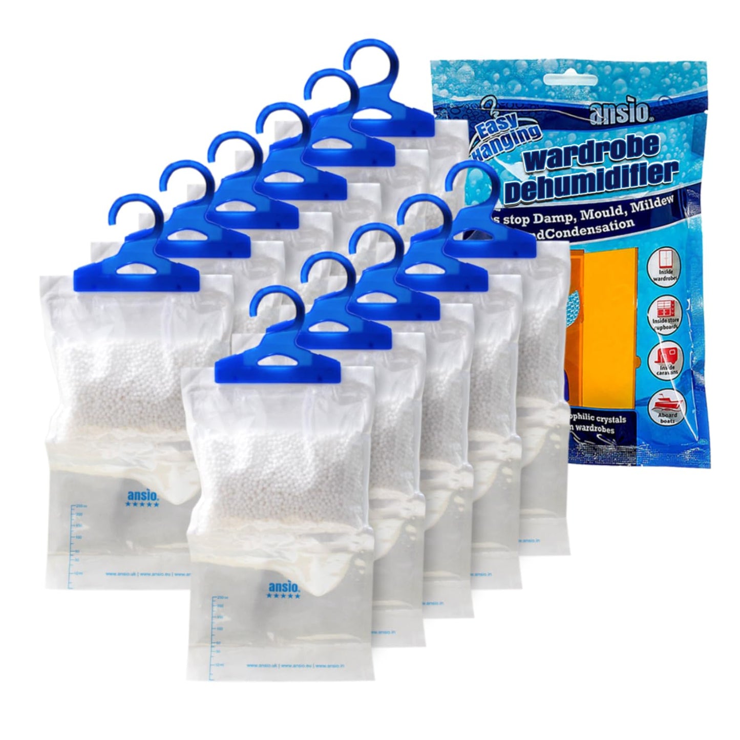 ANSIO? Wardrobe Dehumidifier Disposable Hanging Bags Pack of 12 Room Moisture Absorber Condensation Remover for Damp, Mould in Home, Bathroom, Window,
