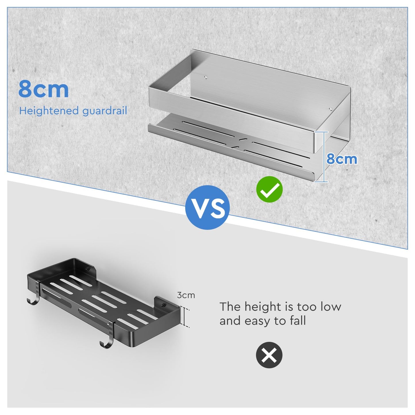 EXLECO 2 x 30 cm Shower Shelf No Drilling Shower Shelf Wall Stainless Steel Bathroom Shelf with 8 Hooks Shower Basket for Drilling Bathroom Shelf