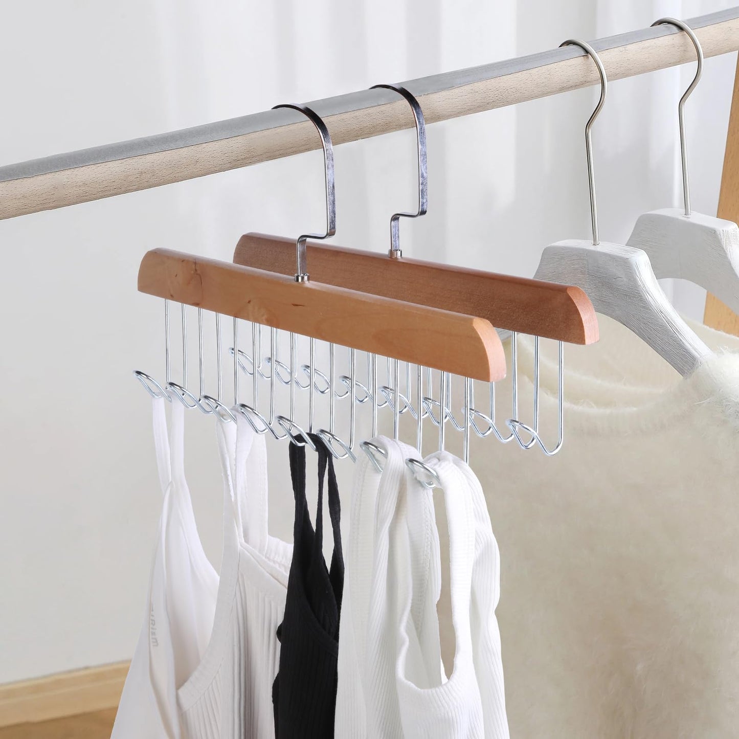 ICEBLUEOR 2 Pack Tie and Belt Hanger for Wardrobe - Anti-Slip Wooden Organiser With 8 Metal Hooks, 360° Rotating Space Saving Rack for Ties, Belts