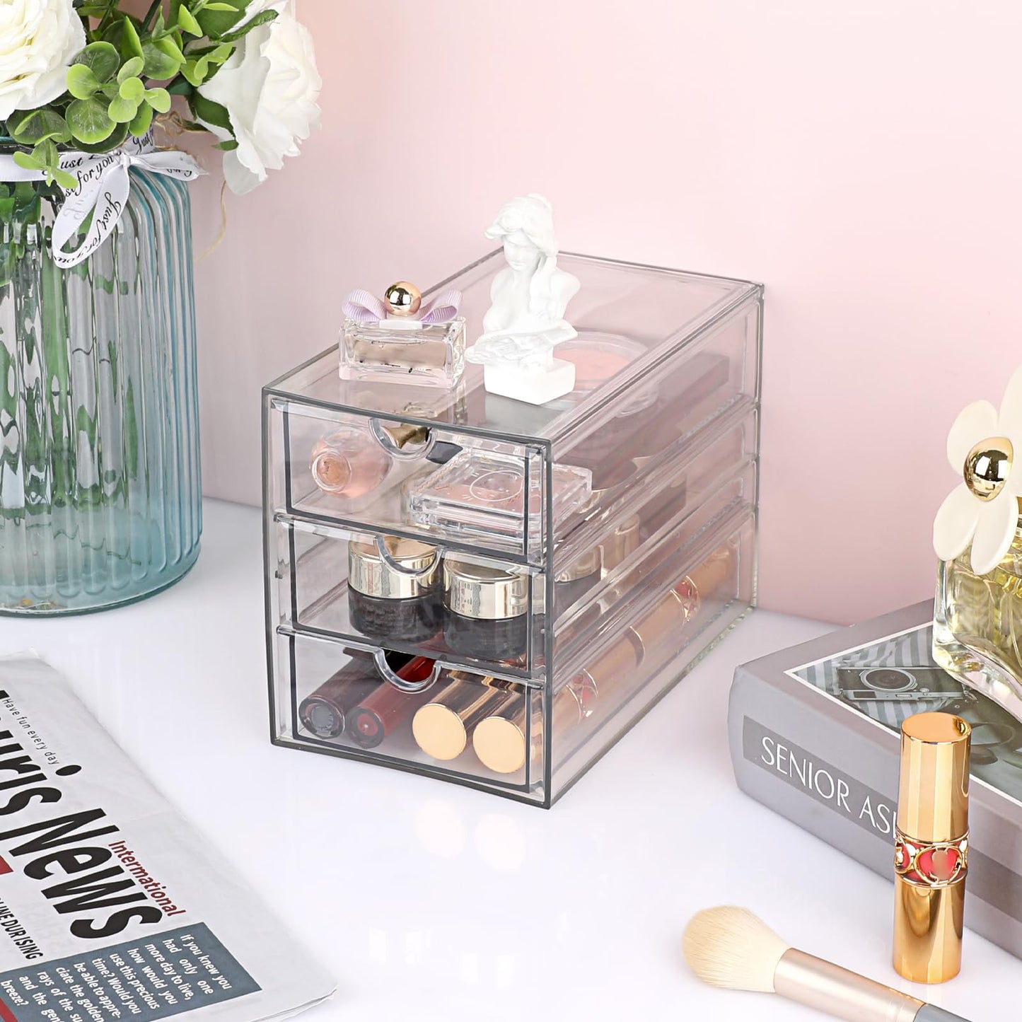 SUMTree Clear Hair Accessory Organizer Box with 3 Drawers, 12.8*17.5*10.6cm