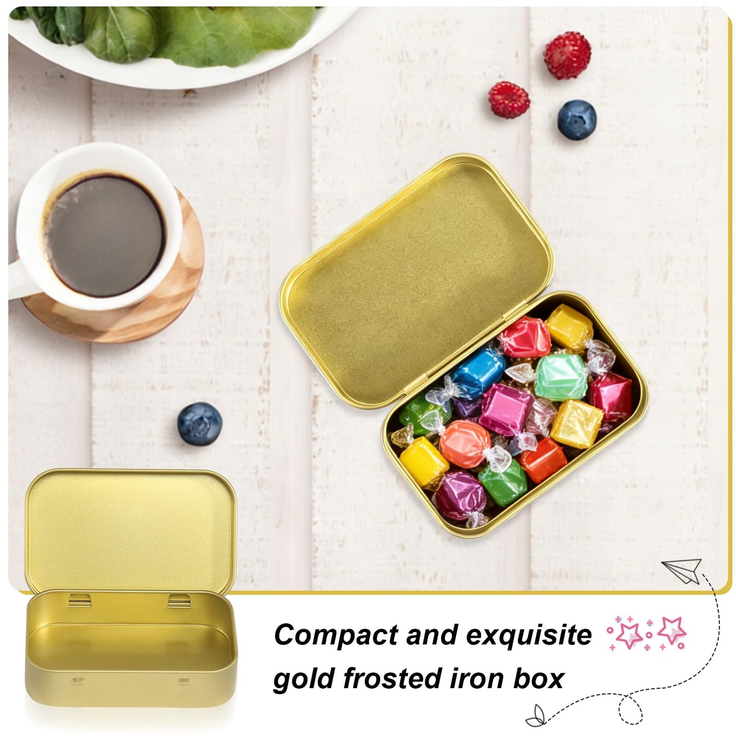 Gyism 6Pcs Golden Metal Rectangular Hinged Tin Container with Lids, 9.5×6×2cm Small Decorative Tins with Lids