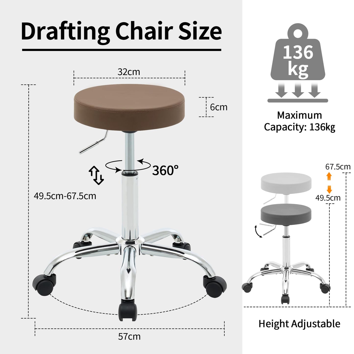 FIRAVOE Backless Rolling Office Stool, Adjustable Swivel Work Chair with Wheels, 49.5–67.6 cm Height