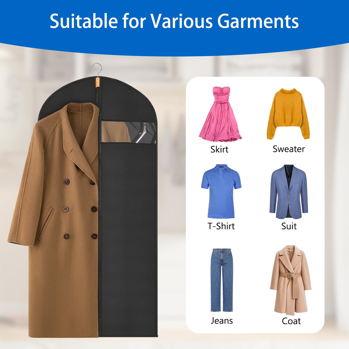 Sevenpers 6 Pack Suit Bags Garment Bags for Hanging Clothes 60x100cm Black