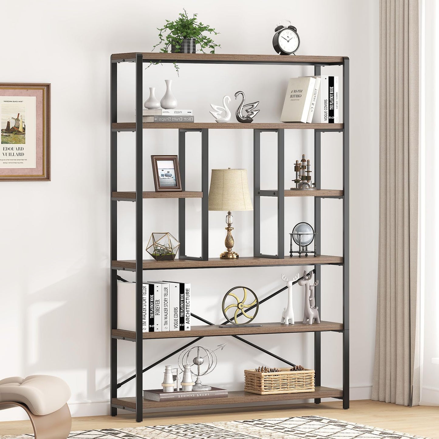 LVB Tall Industrial Etagere Bookcase, Modern Wood Large Open 6 Tier Bookshelf, Vintage Wide Metal Book Shelf Organizer