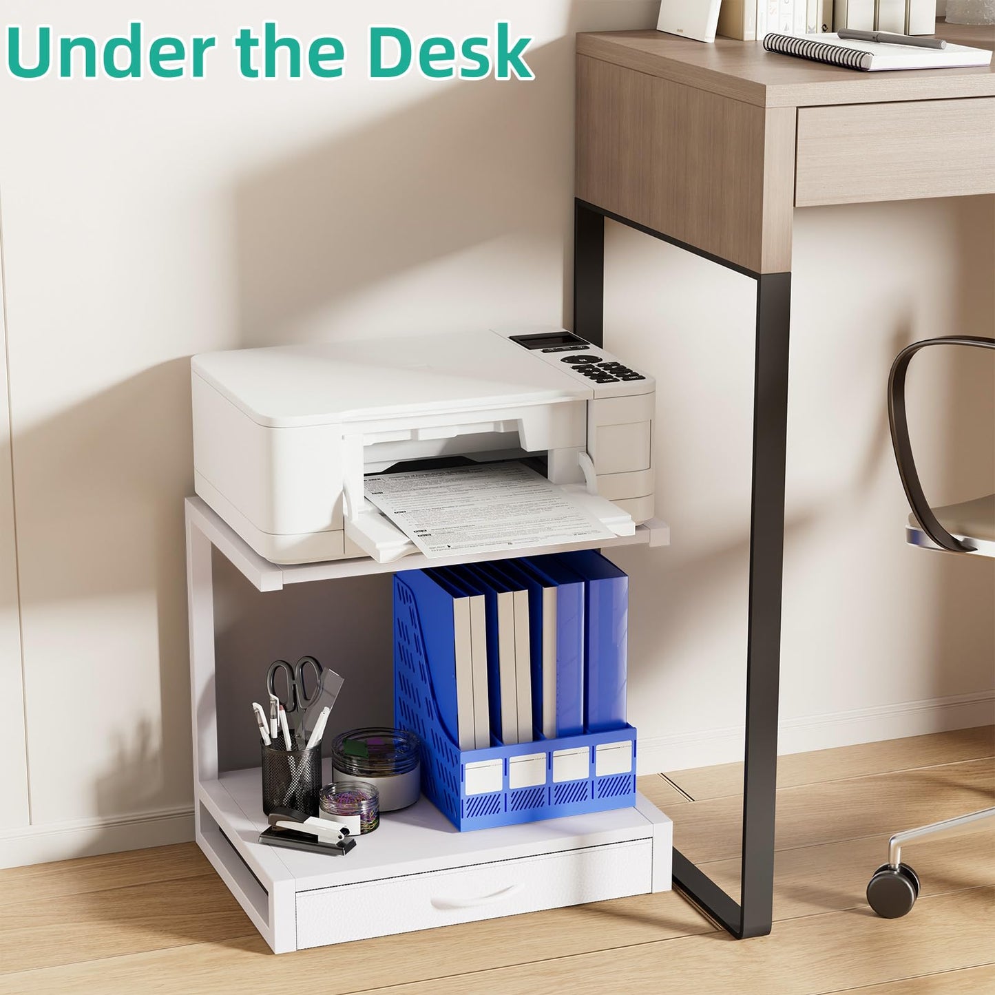OYRREU 2-Tier Desktop Printer Stand with Fabric Drawer for Storage, White