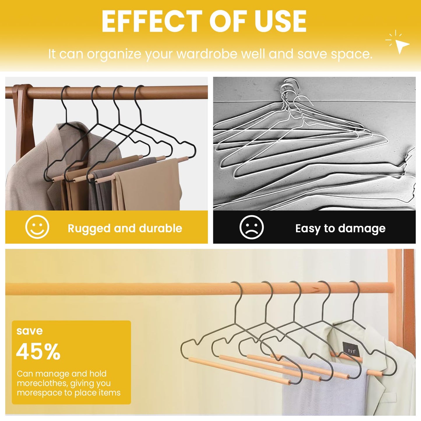 Jiang&Rong 20 Pack Matt Metal Clothes Hanger,Wood Pants (Black)