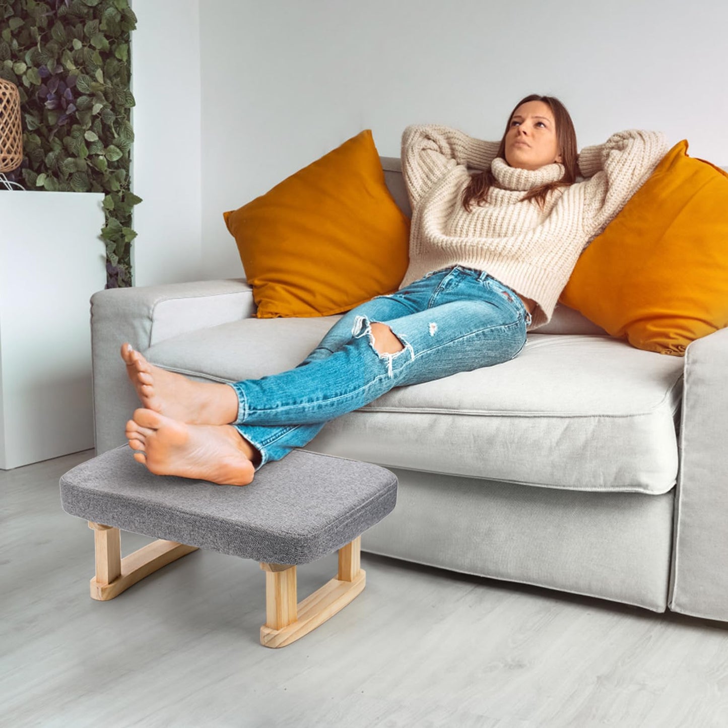 Foot Stool, Linen Fabric Ottoman Footstool with Removable Padded Cover, Small Pouffe Footstool with Stable Wooden Legs
