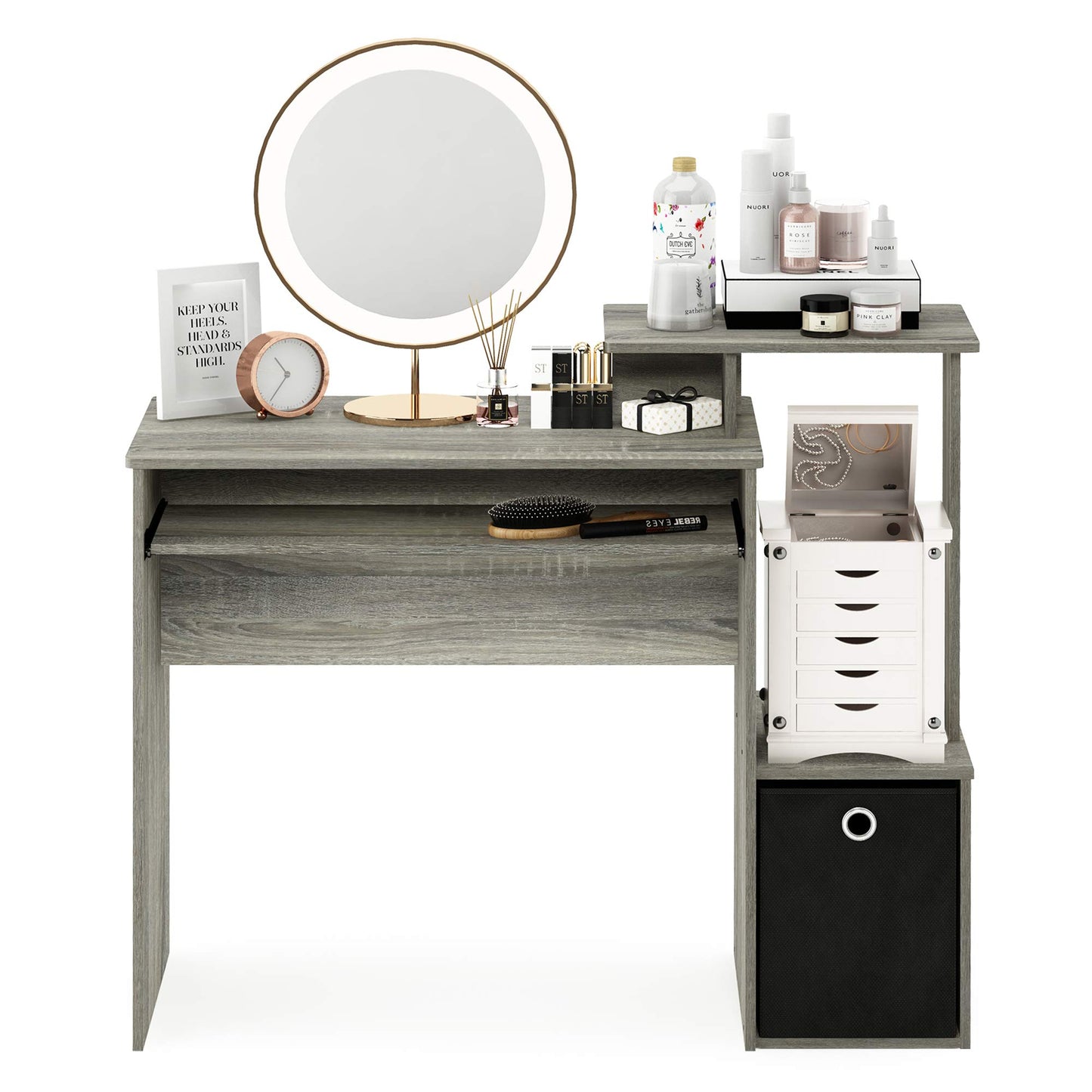 Furinno ECON Desk, Gaming Desk with Keyboard Tray, Computer Desk, Office Desk with Side Shelves and Storage Bin for Home Office, Study Room, Dorm