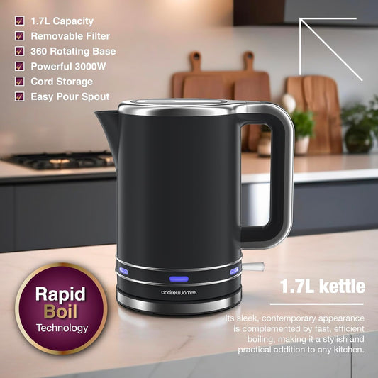 Andrew James Electric Kettle, Fast Boil Kettle with Large 1.7L Kettle, Cordless Quiet Kettle with Reusable Filter, Quick Boil Kettle, Modern, Stylish,