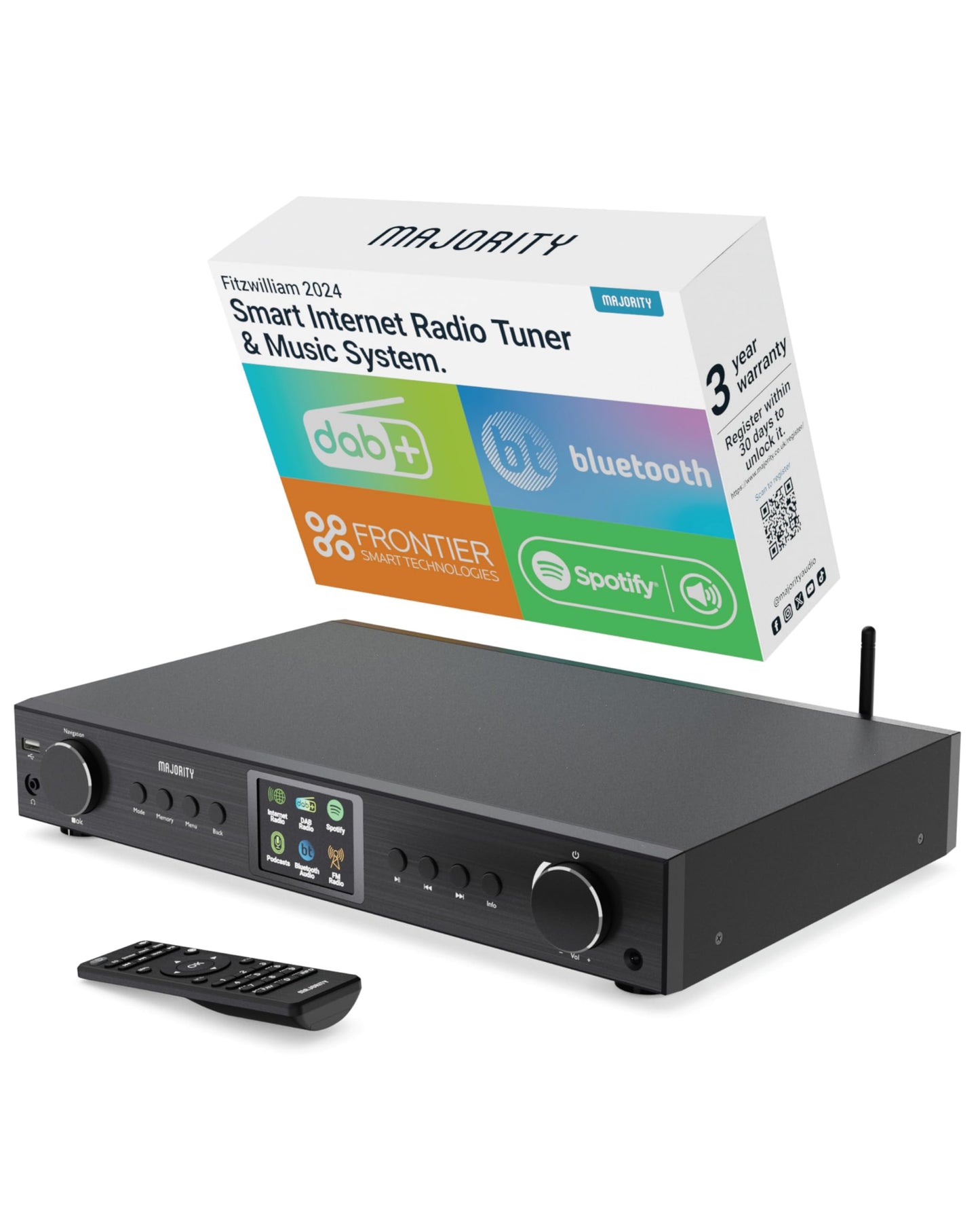 Bluetooth Internet Radio with DAB+ | Digital Tuner for Hifi Stack | FM, Spotify Connect, Podcasts | 90+ Presets, Colour LED Display | USB, AUX, RCA |