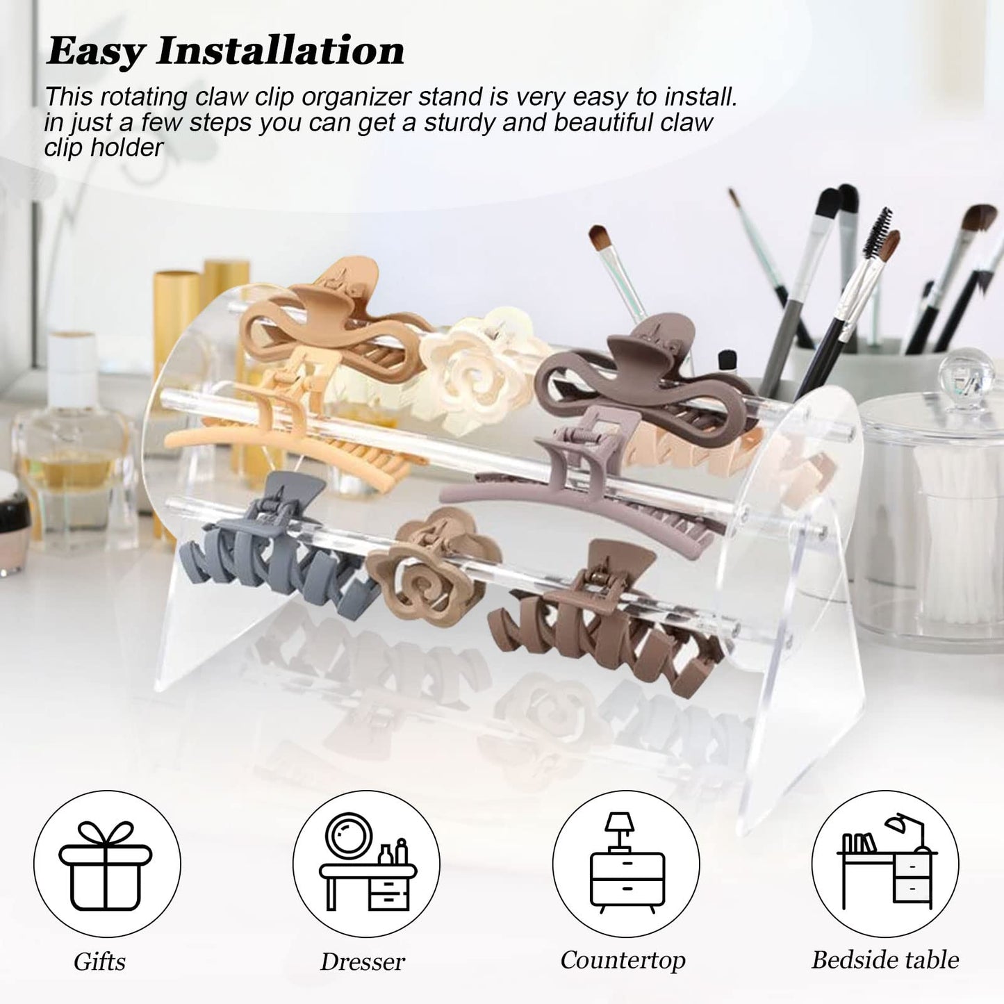 Hair Claw Clip Organiser, Acrylic Hair Clip Organiser 360-Degree Hair Clip Display Stand, Rotating Organiser Case