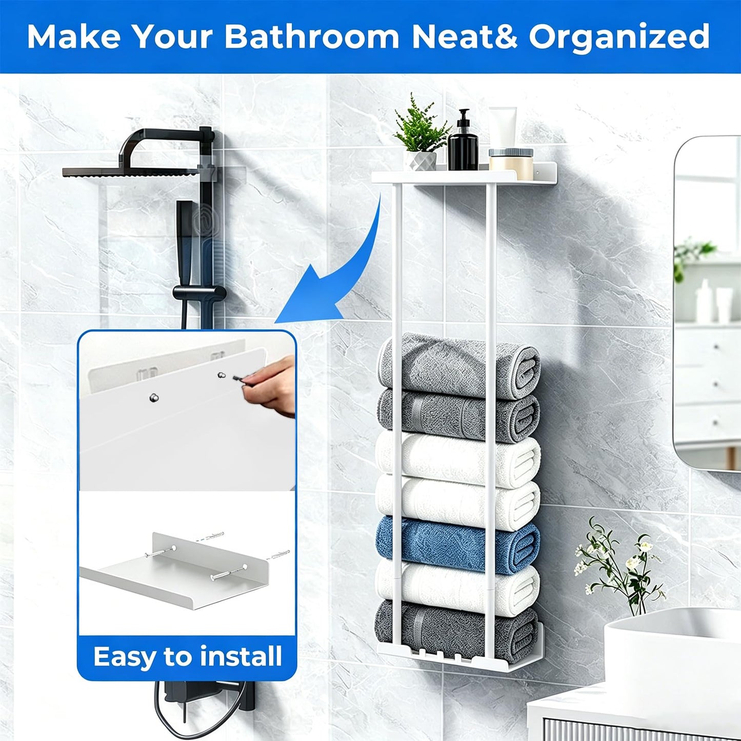 ULIKEUS Towel Rack Wall Mounted Towel Holder Storage with Shelf Hooks Towel Storage Self Adhesive Adjustable Bathroom Towel Holder Rail