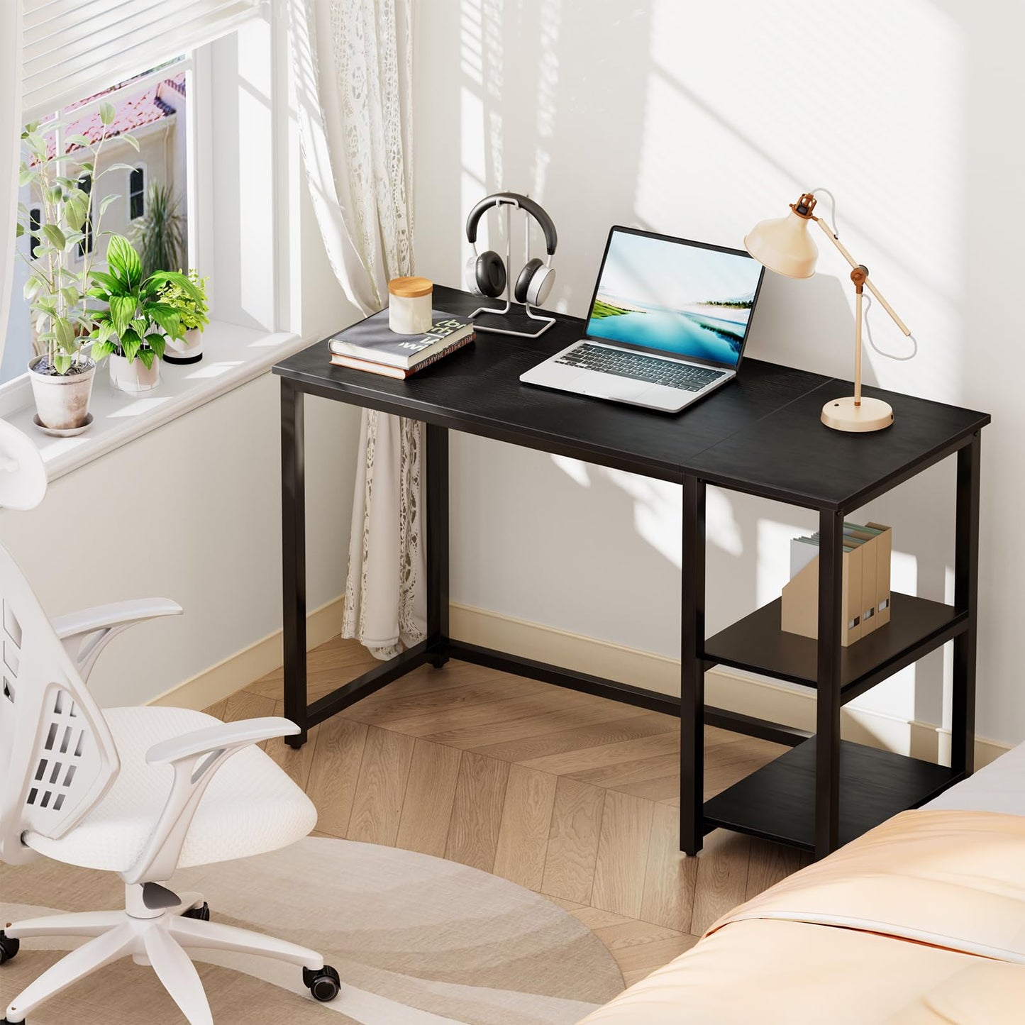 WOHOMO Computer Desk with Storage 120cm Table with 2-Tier Shelves, Black