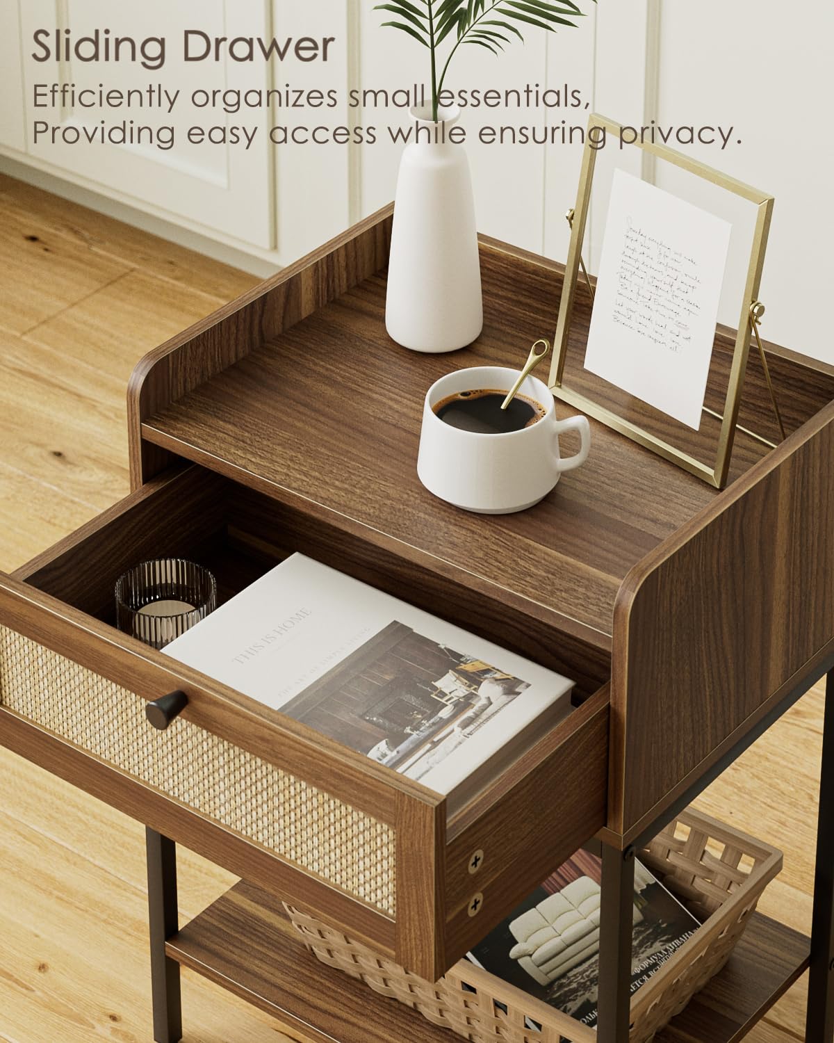 HEYZOEY Rattan Bedside Table, Walnut Modern Bedside Table with Storage Drawer and Shelf, Small Side Table for Bedroom, Living Room, Walnut Rattan