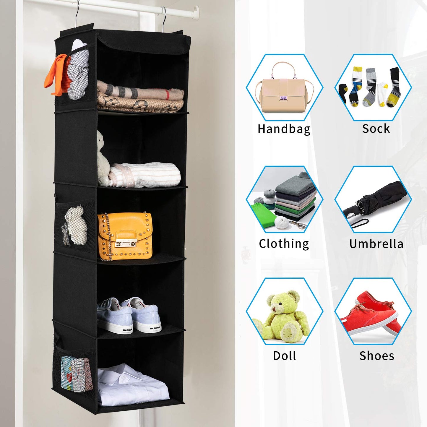 BrilliantJo Hanging Storage with 5 Shelves Set of 2 Wardrobe Closet Organiser, Storage Shelves Unit with 6 Pockets for Clothes
