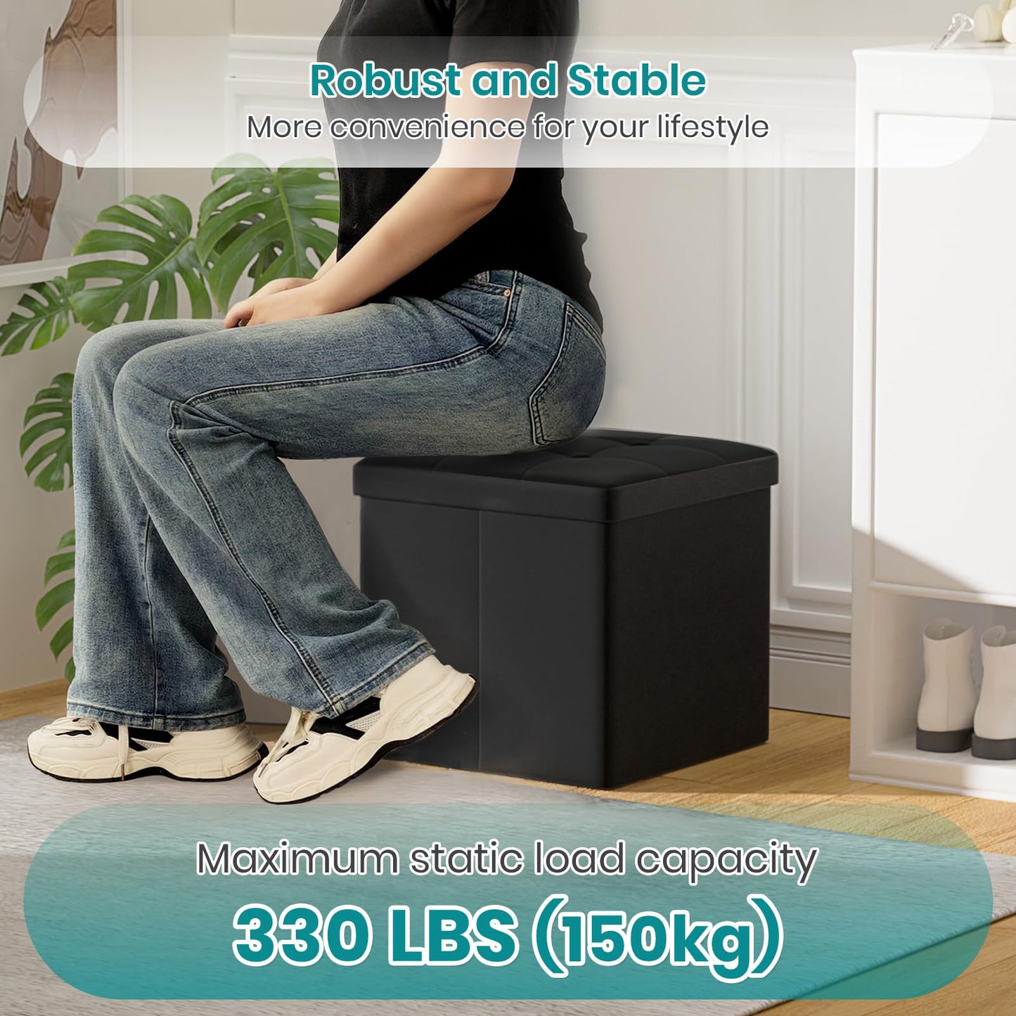 Oak & Tea Storage Ottoman, Foldable Storage Bench, Small Footrest, Cube Storage Unit, 1 Storage Boxes with Lid, Footstool