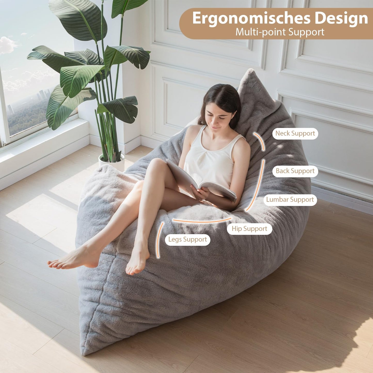 MAXYOYO Giant Bean Bag Bed - Square Bean Bag Chair - Large Sofa with Plush Cover and Fluffy Filling Included for Adult, Couples, Guest (Gray, Full)