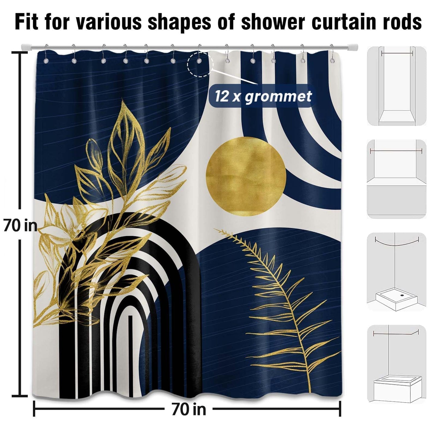 LanZanthic Blue and Gold Shower Curtains for Bathroom Dark Navy Blue Abstract Mid Century Modern Wet Room Shower Curtain with hooks