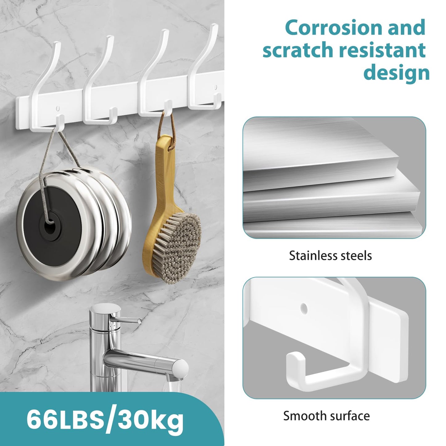 MEIJO Coat Hooks Wall Mounted Stainless Steel, White Coat Rack Wall Mounted with 4 Hooks Heavy Duty Coat Hooks for Door, Bathroom, Bedroom, Kitchen