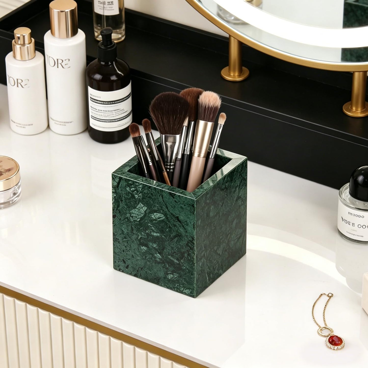Natural Marble Toothbrush Holder, Blackish Green, 8.5 x 8.5 x 10 cm