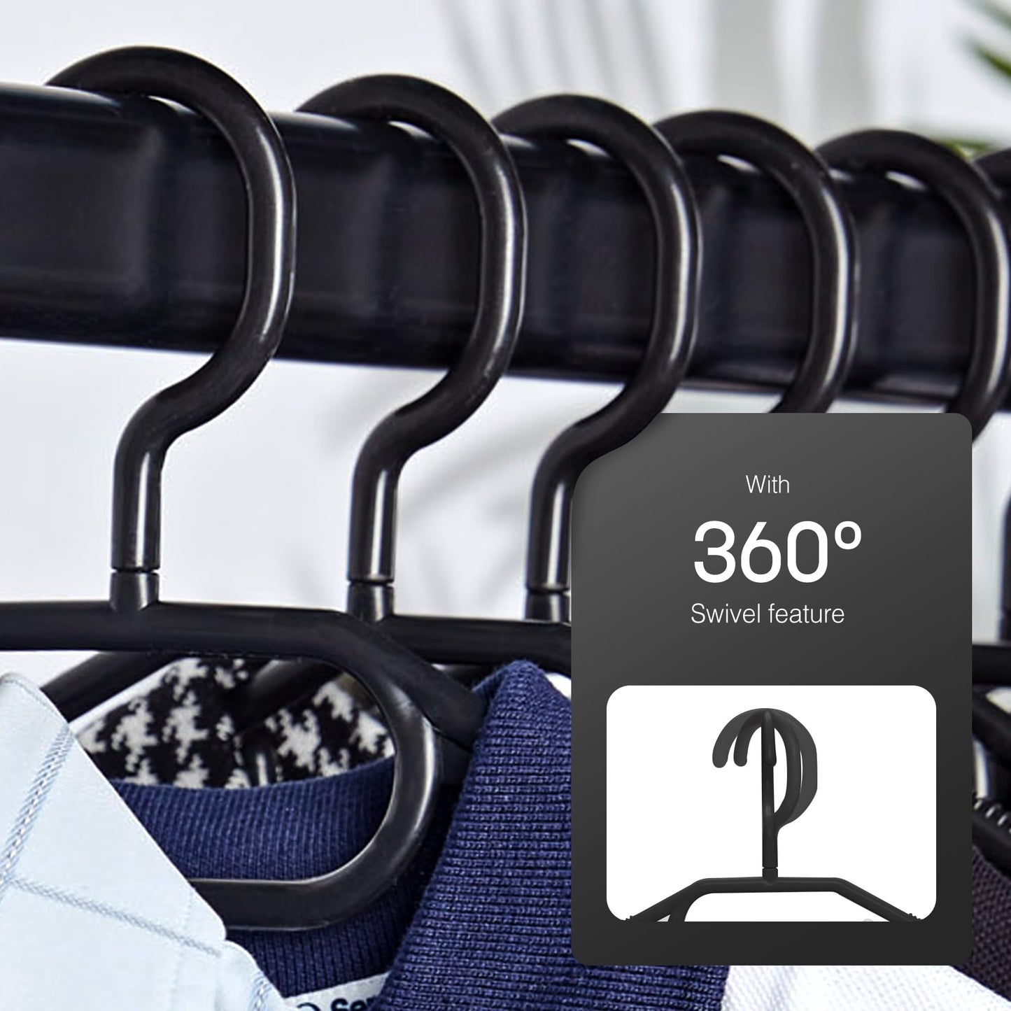 KEPLIN Space Saving Black Plastic Coat Hangers - 20 Pack | Heavy Duty Swivel Hook Hangers for Clothes, Coats, Dress, Shirt, Jacket, Trouser