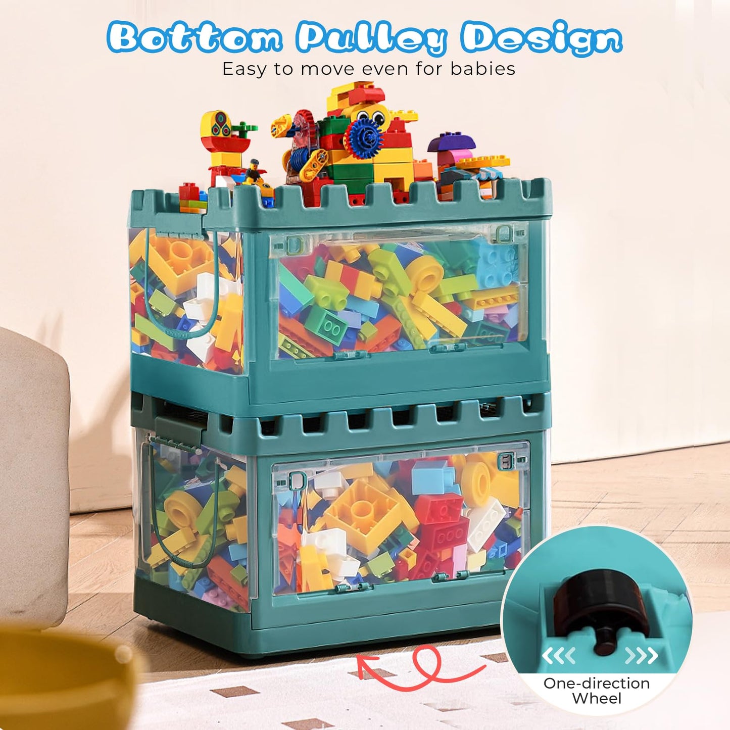 alouweekukky Kids Plastic Folding Storage Box with Lid, Double Opening with Pulleys, Suitable for Kids