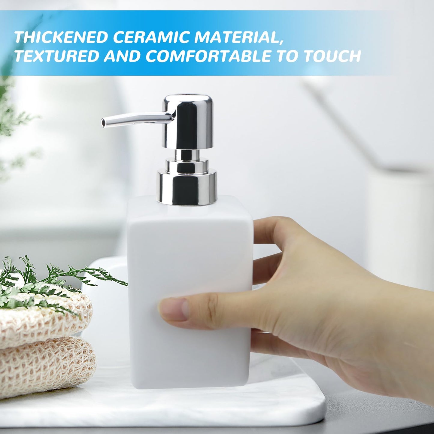 White Square Ceramic Soap Dispenser 320ml, Refillable Liquid Bottle with Anti‑Rust Long Spout Pump, Non‑Slip Base for Bathroom Vanity