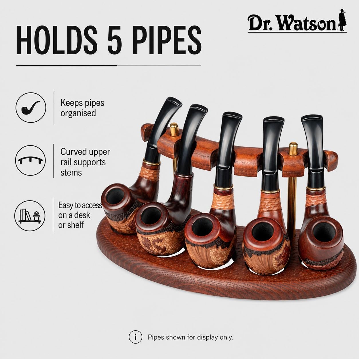 Dr Watson Tobacco Pipe Stand ARCH V, Solid Ash Wood, For 5 Pipes, Brown