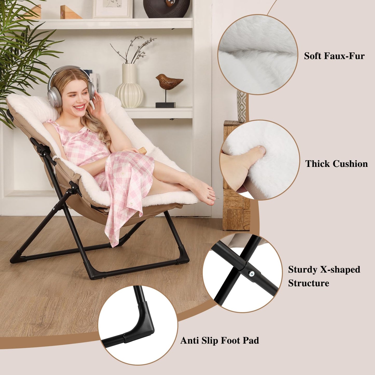 Mordchil EU Armchair Saucer Chair, Comfy Faux-Fur Reading Chair for Bedroom, Oversized Accent Moon Chairs for Teens and Adults