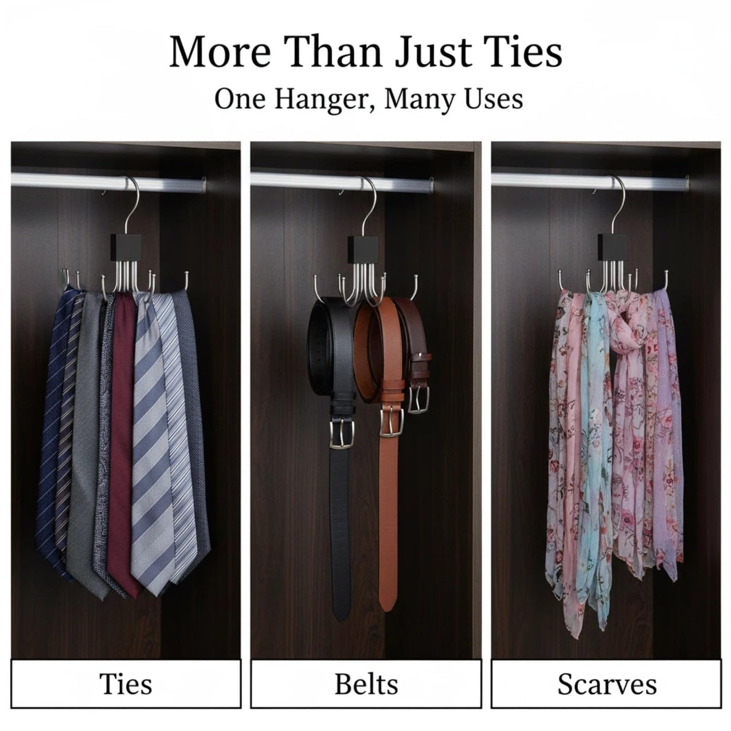 Belt & Tie Hanger Closet Organizer with 6 Rotating Hooks – Space-Saving Clothes Rack for Belts, Ties, Scarves, Hats (Wood color2pcs)