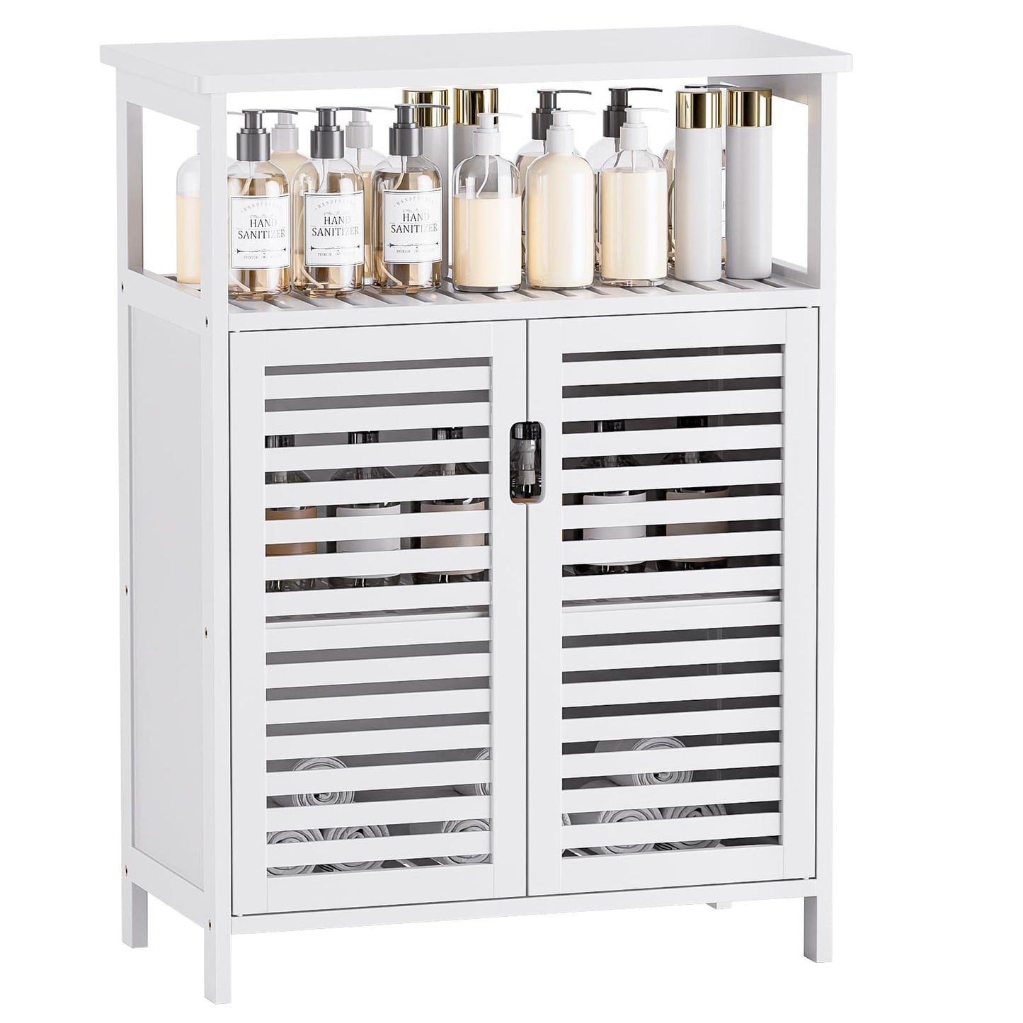 HITNET Bathroom Floor Storage Cabinet, Freestanding Bamboo Side Storage Organizer with Double Doors and Open Shelves, Space Saving Small Kitchen