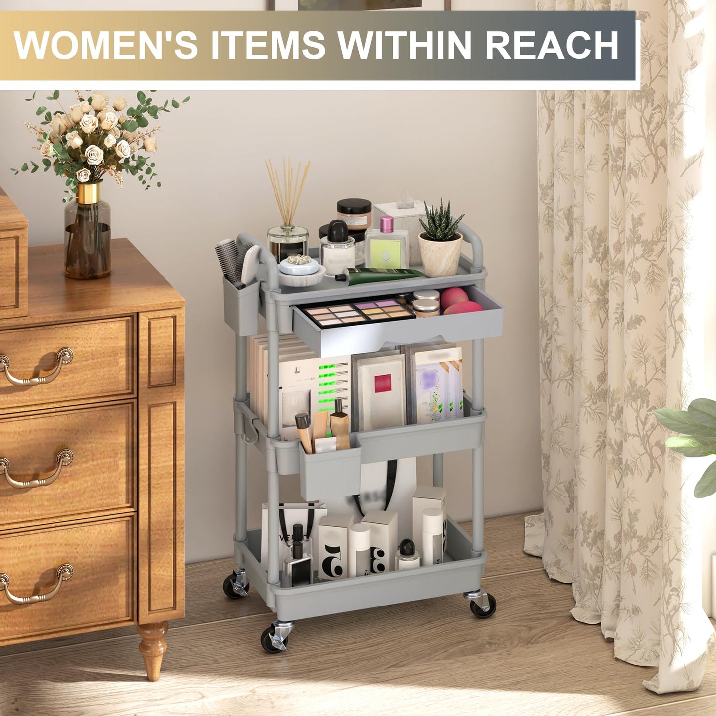 Yeabett 3 Tier Storage Trolley with Drawer, Utility Cart with Plastic Shelf & Lockable Wheels Multifunctional Storage Cart for Kitchen, Bathroom