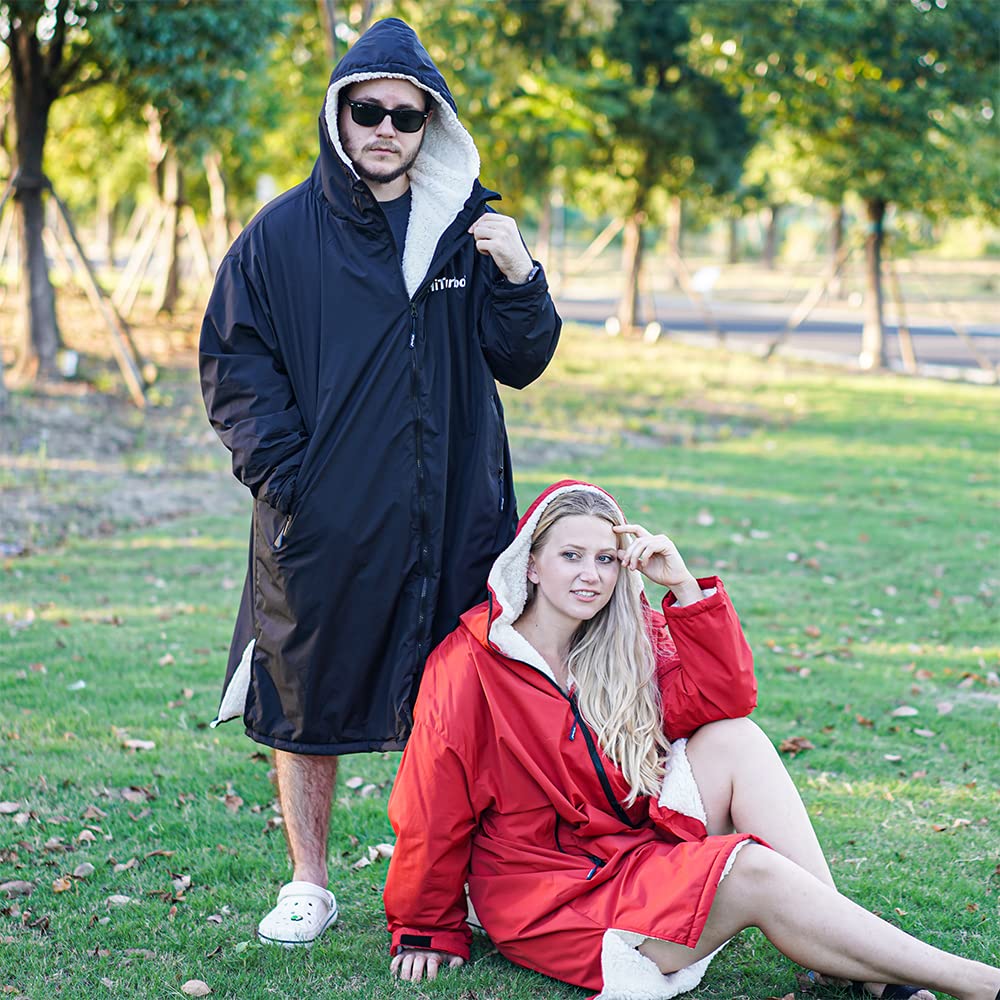 Hiturbo Waterproof Adult Changing Robe: Windproof Warm Swimming Robe Oversized Coat Surf Poncho with Fleece Lining Black