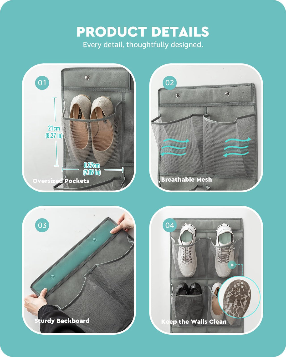 Baffect Hanging Shoe Storage Wall Mounted 6 Pockets 2 pcs,grey,No Drill