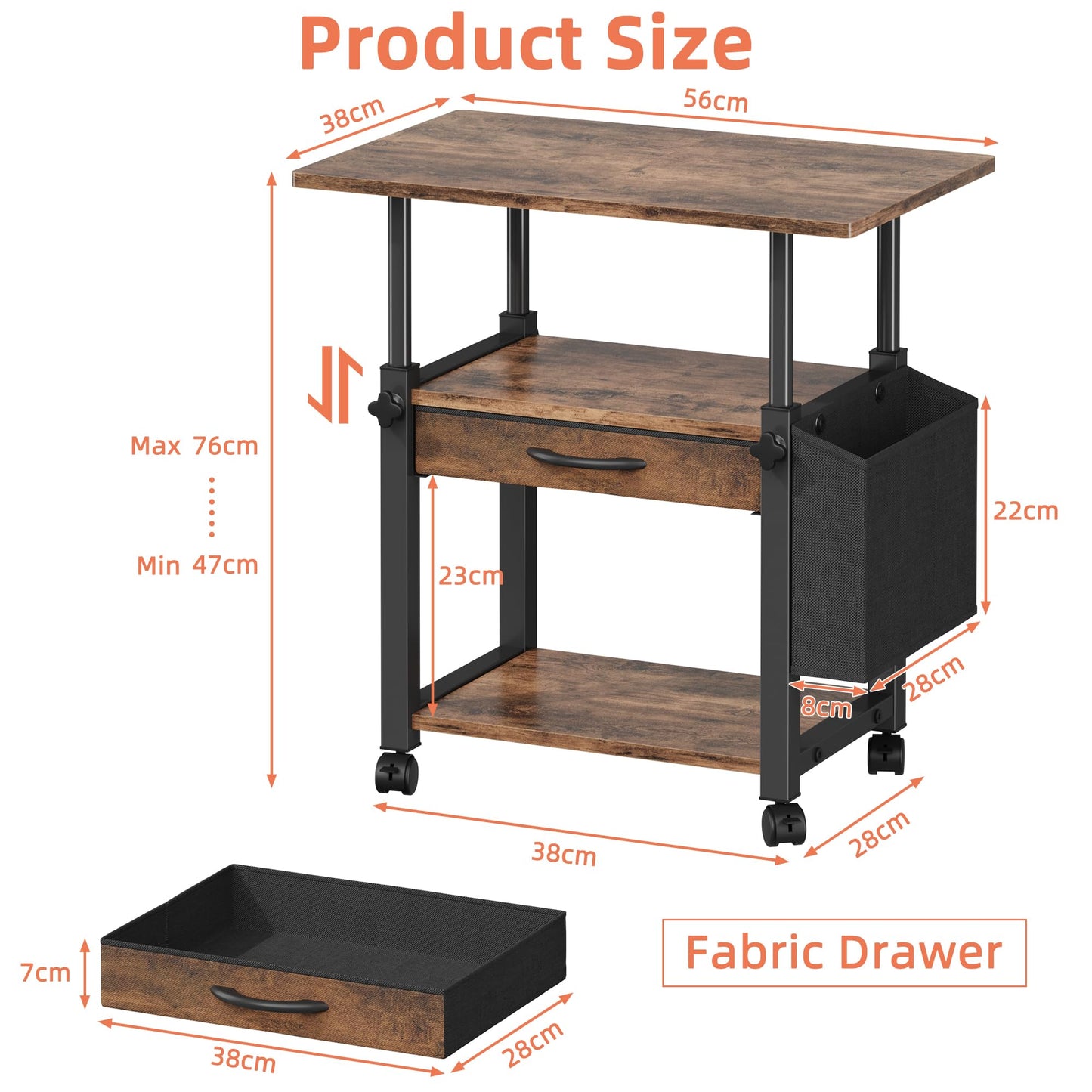 OYRREU 3 Tier Printer Stand on Wheels, Height Adjustable Mobile Table Wood