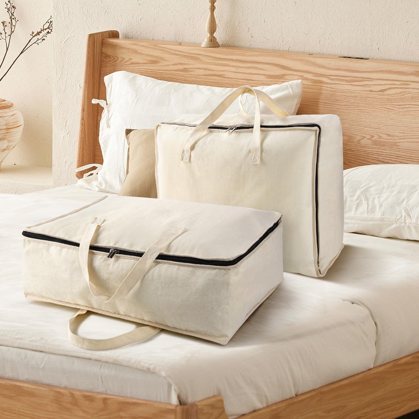 Belinlen 2 Pack Canvas Storage Bags Cotton Natural Closet Soft Storage Bags