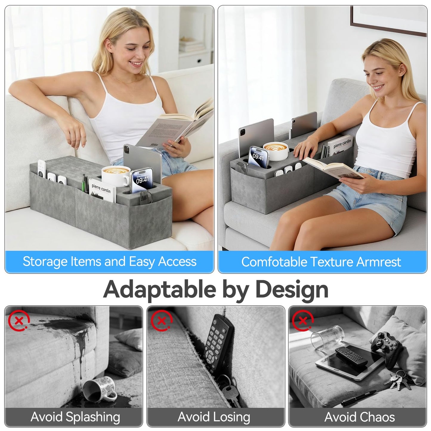 Heyife Couch Armrest Caddy with Cup Holder, Portable Sofa Armrest Pillow Drink Holder Table Tray with 5 Large Side Storage Pockets