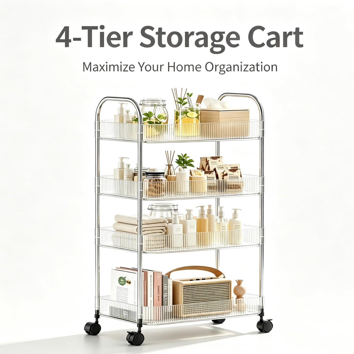 Guyi-Duck Clear Acrylic Storage Cart with Wheels, Transparent Rolling Organiser Trolley for Kitchen, Bathroom, Office and Home Corner