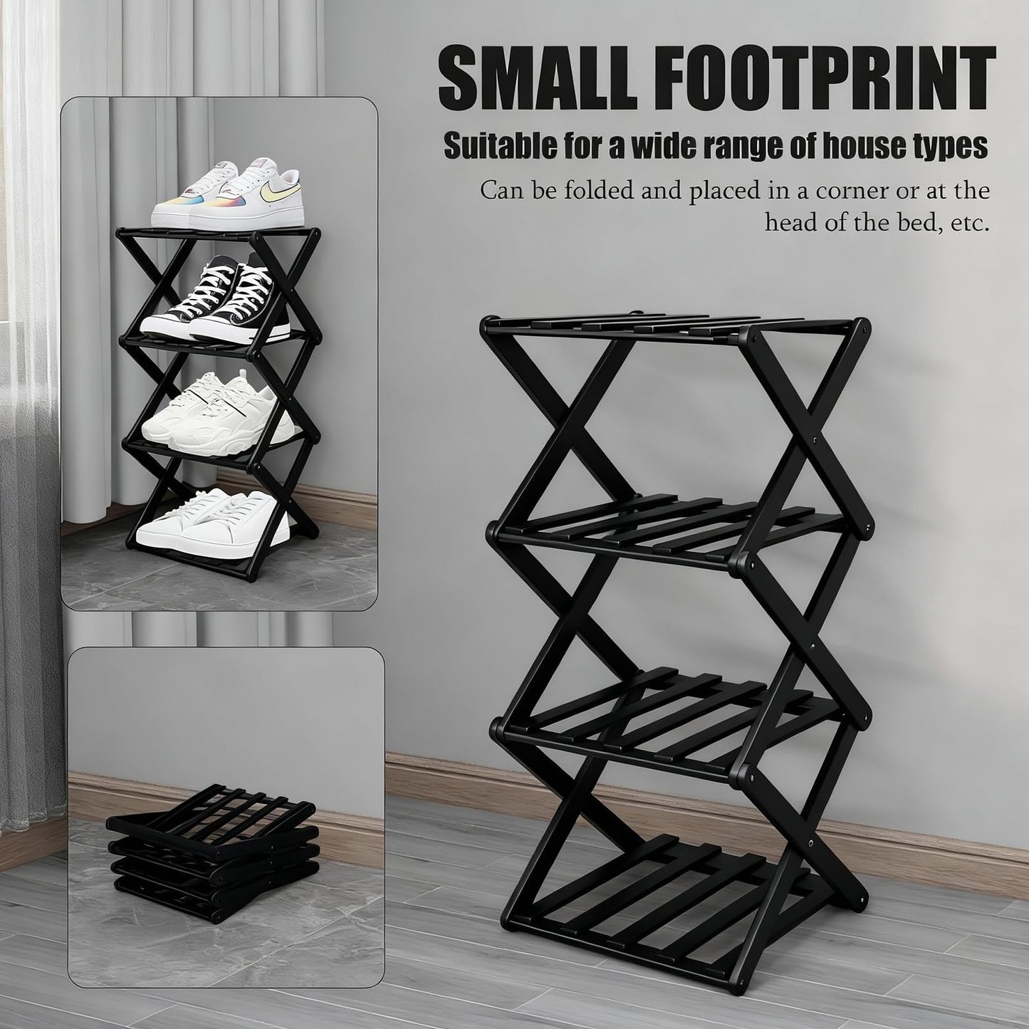GIRYES Small Shoe Rack Black, 4 Tier Bamboo Foldable Shoes Organizer Free Standing Shelf for Entryway, Bedrooms, Closet, Living Room Corner