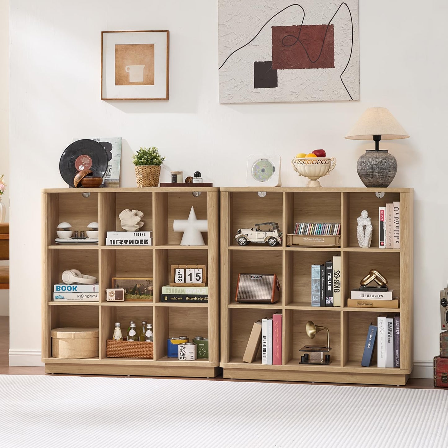 LELELINKY 9 Cube Storage Bookcase, 41" Wide Wooden Book Shelf with Thickened Base, Freestanding 3-Tier Open Book Case Unit with Curved Edge