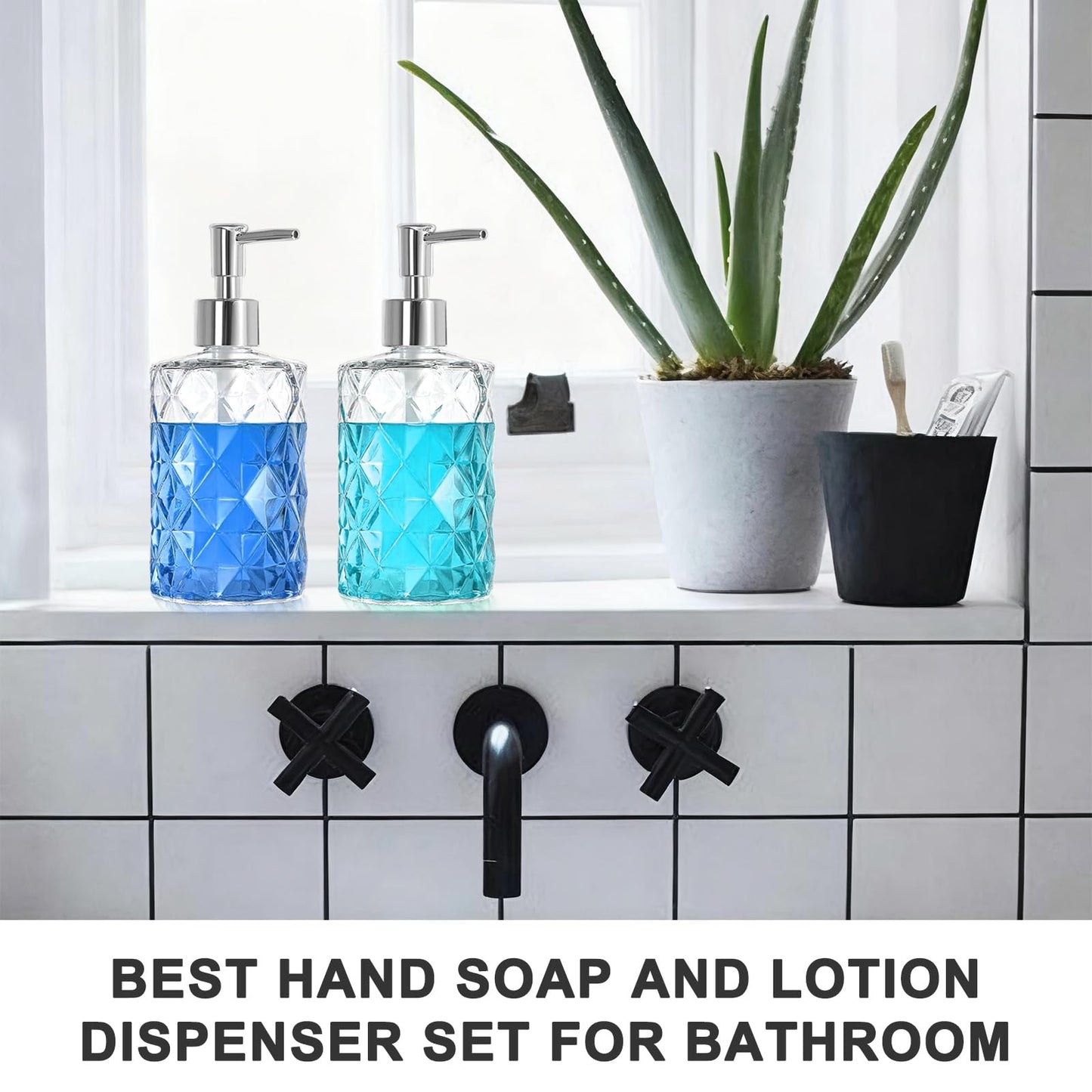 Glass Soap Dispenser 2pc, Diamond Crystal Transparent Style with Plastic Pump,Handwash Dispenser Bottle, Used in Kitchen and Bathroom