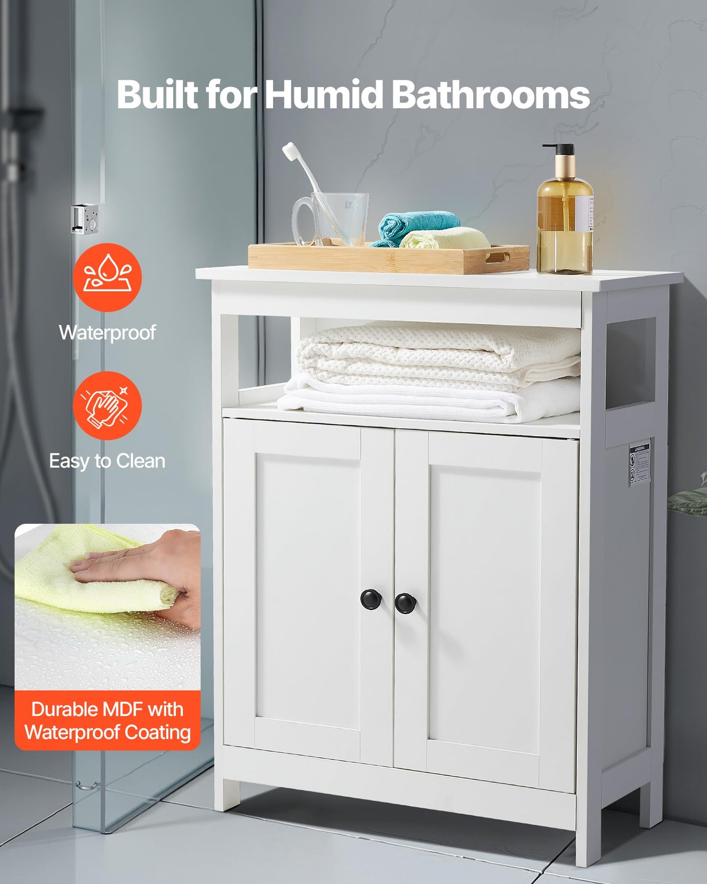 VEVOR Bathroom Floor Cabinet, 3-Tier, Wooden Storage Organizer with 2 Doors and Adjustable Shelf